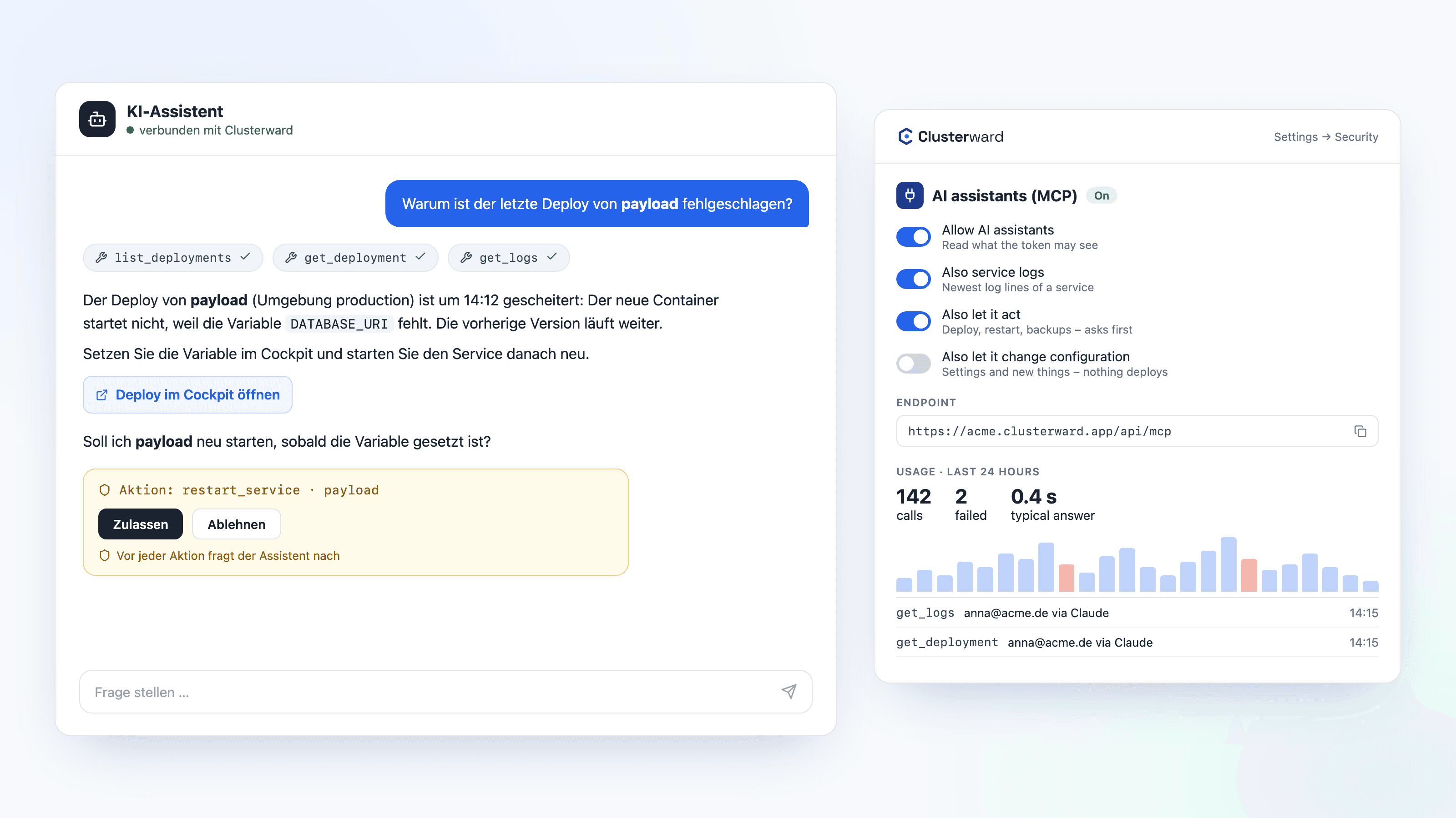 Ein KI-Assistent beantwortet eine Frage mit Daten aus Clusterward, daneben die Karte „AI assistants (MCP)“ im Cockpit