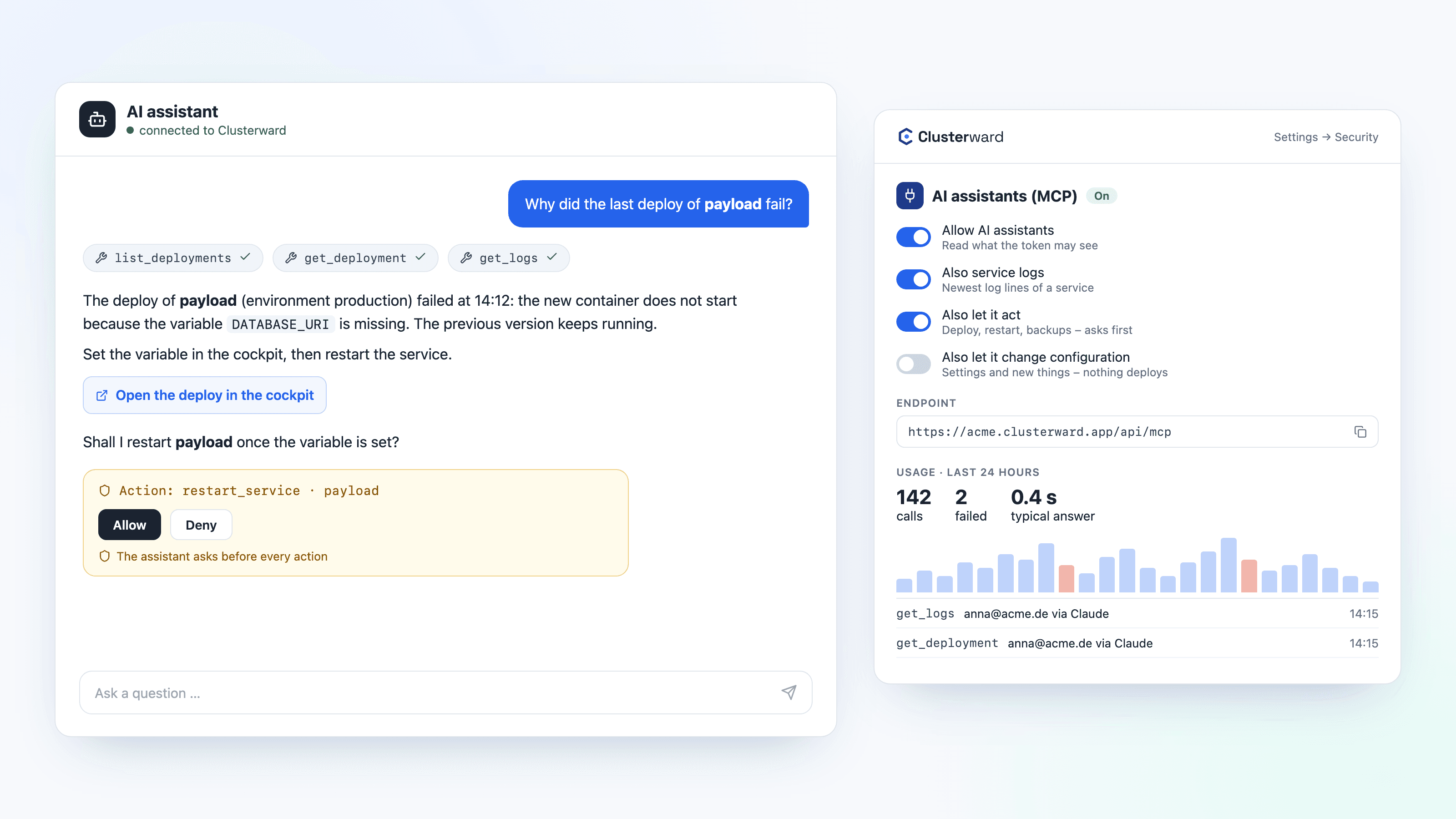 An AI assistant answers a question with data from Clusterward, next to the cockpit’s “AI assistants (MCP)” card