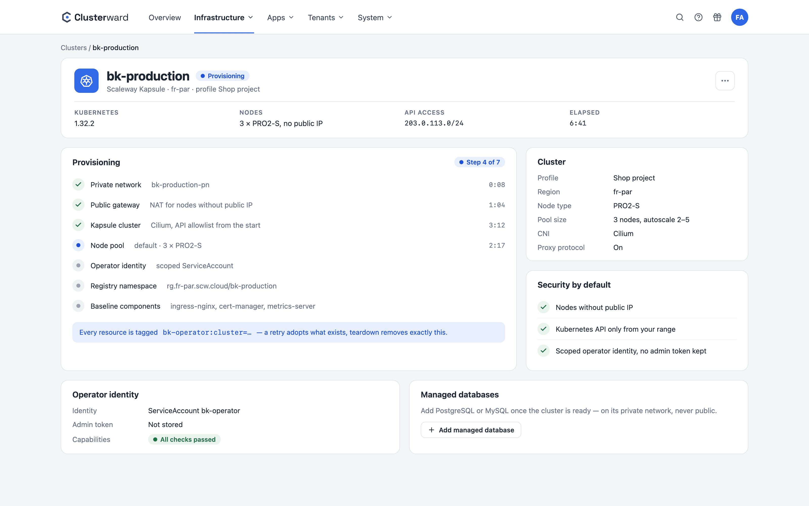 Vereinfachte Ansicht im Clusterward-Cockpit: Cluster-Provisioning
