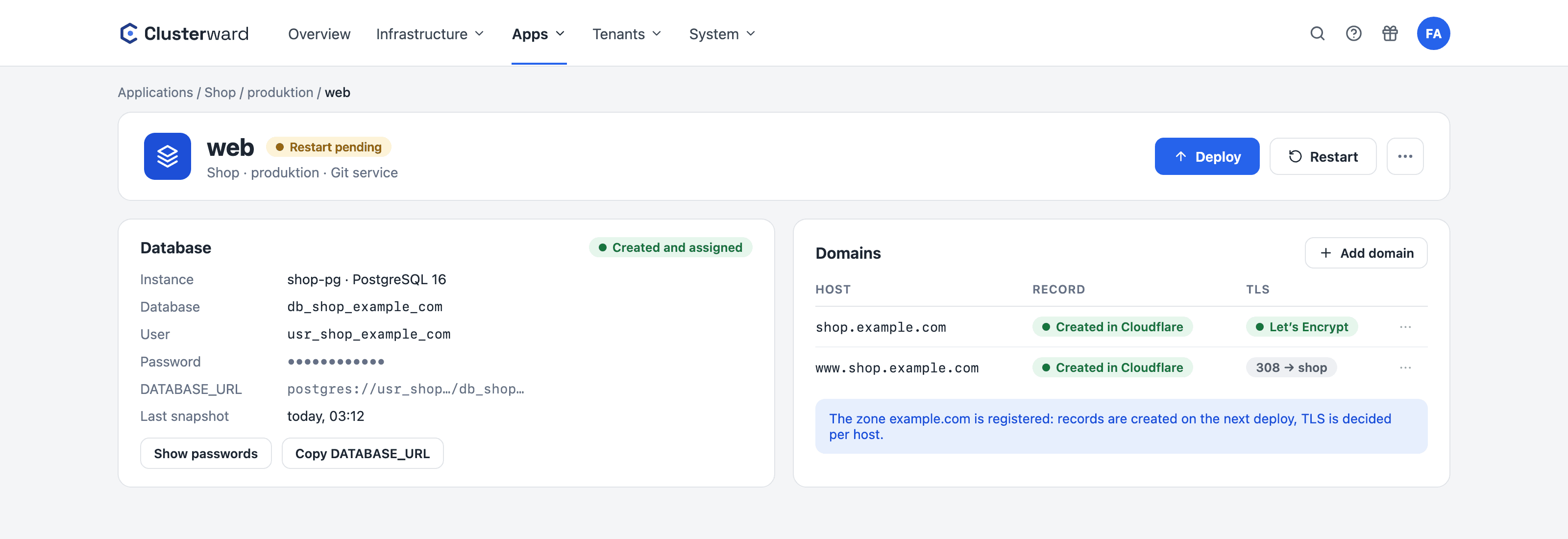 Vereinfachte Ansicht im Clusterward-Cockpit: Datenbank und Domains eines Services