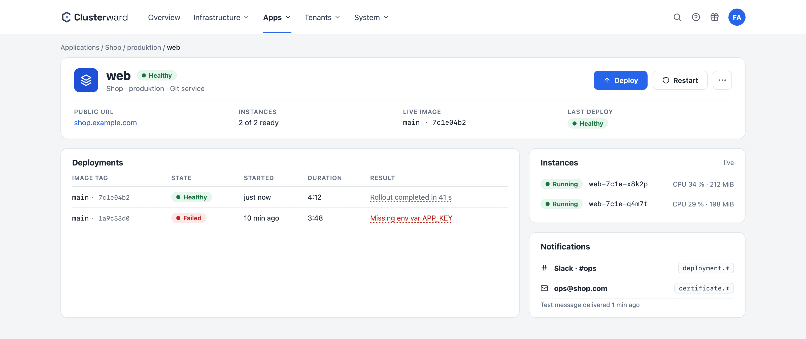Vereinfachte Ansicht im Clusterward-Cockpit: Deploy-Verlauf, Instanzen und Benachrichtigungskanal