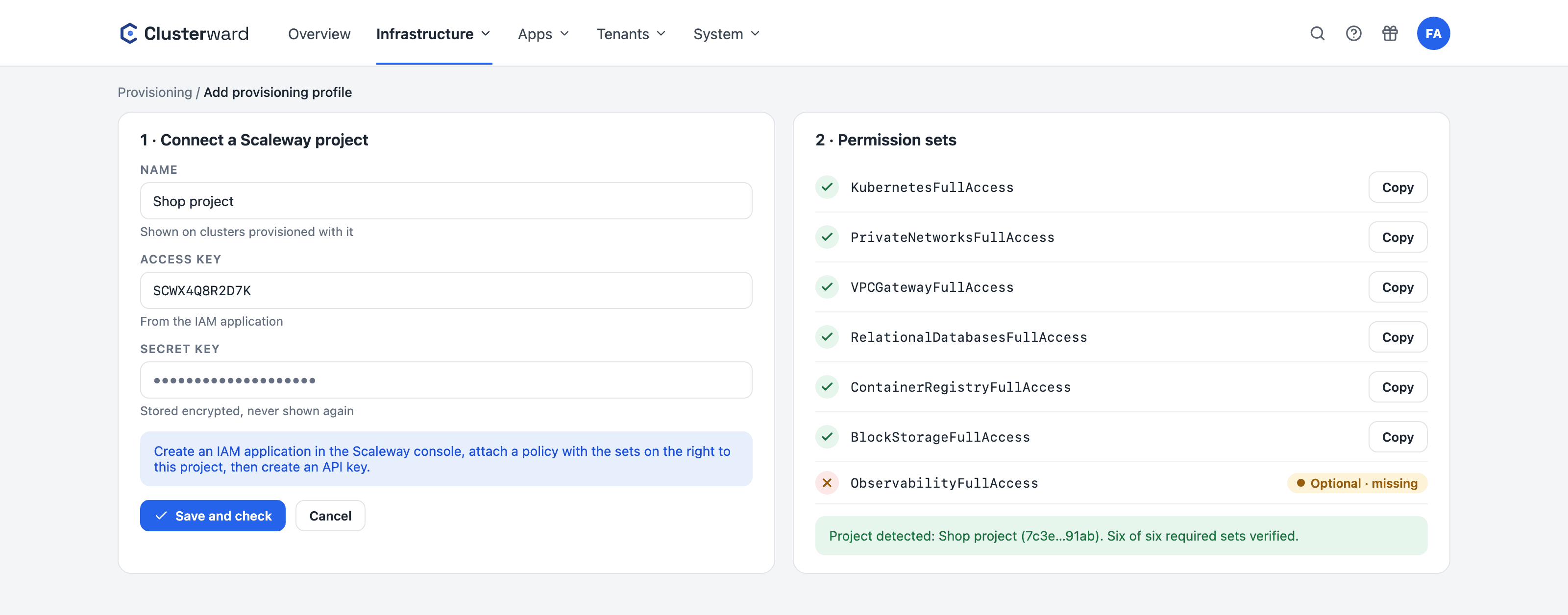 Vereinfachte Ansicht im Clusterward-Cockpit: Provisioning-Profil anlegen mit Prüfung der Berechtigungen