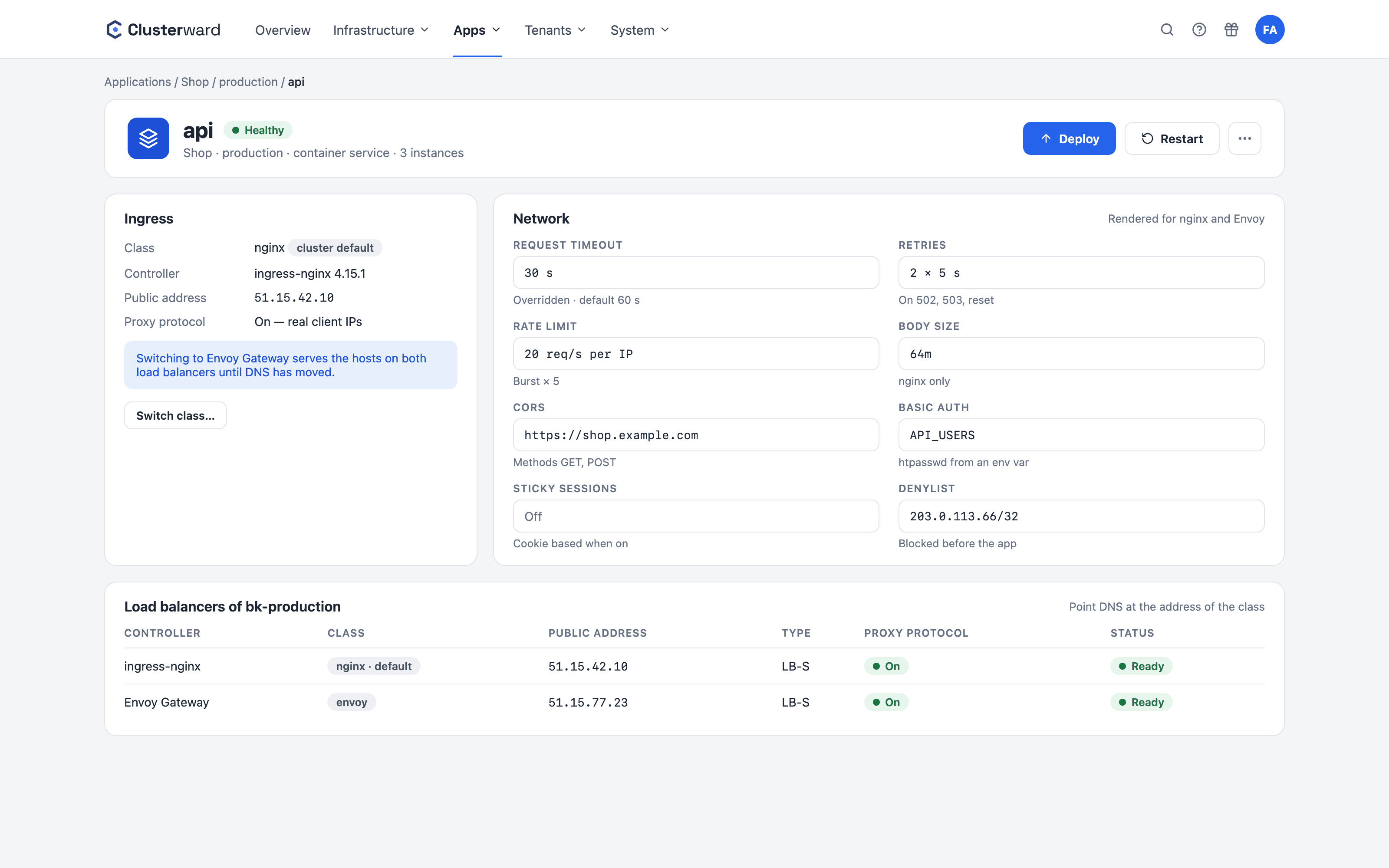 Vereinfachte Ansicht im Clusterward-Cockpit: Netzwerk-Einstellungen eines Services