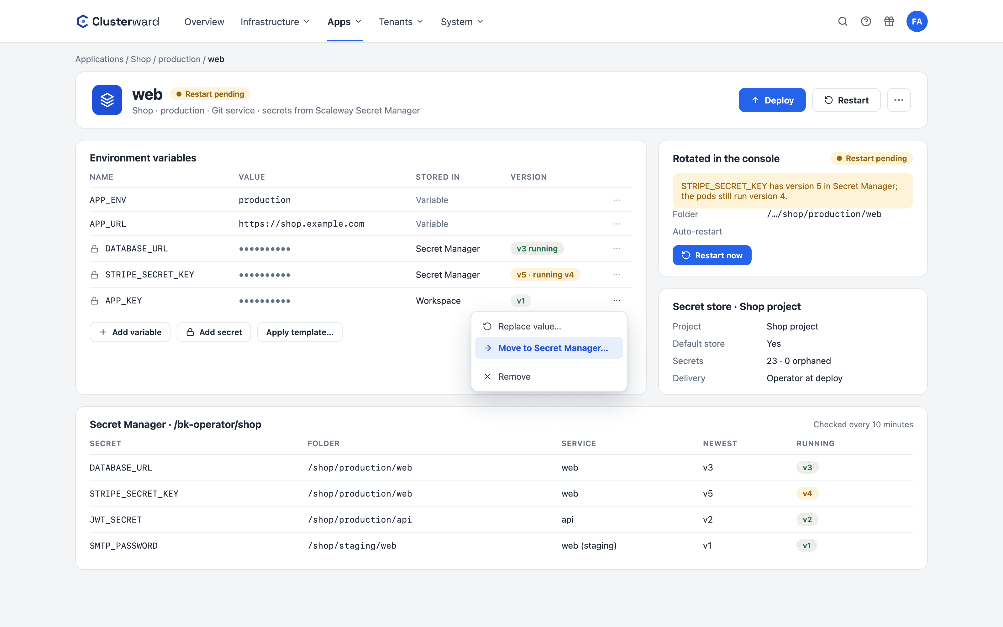 Vereinfachte Ansicht im Clusterward-Cockpit: Secrets eines Services