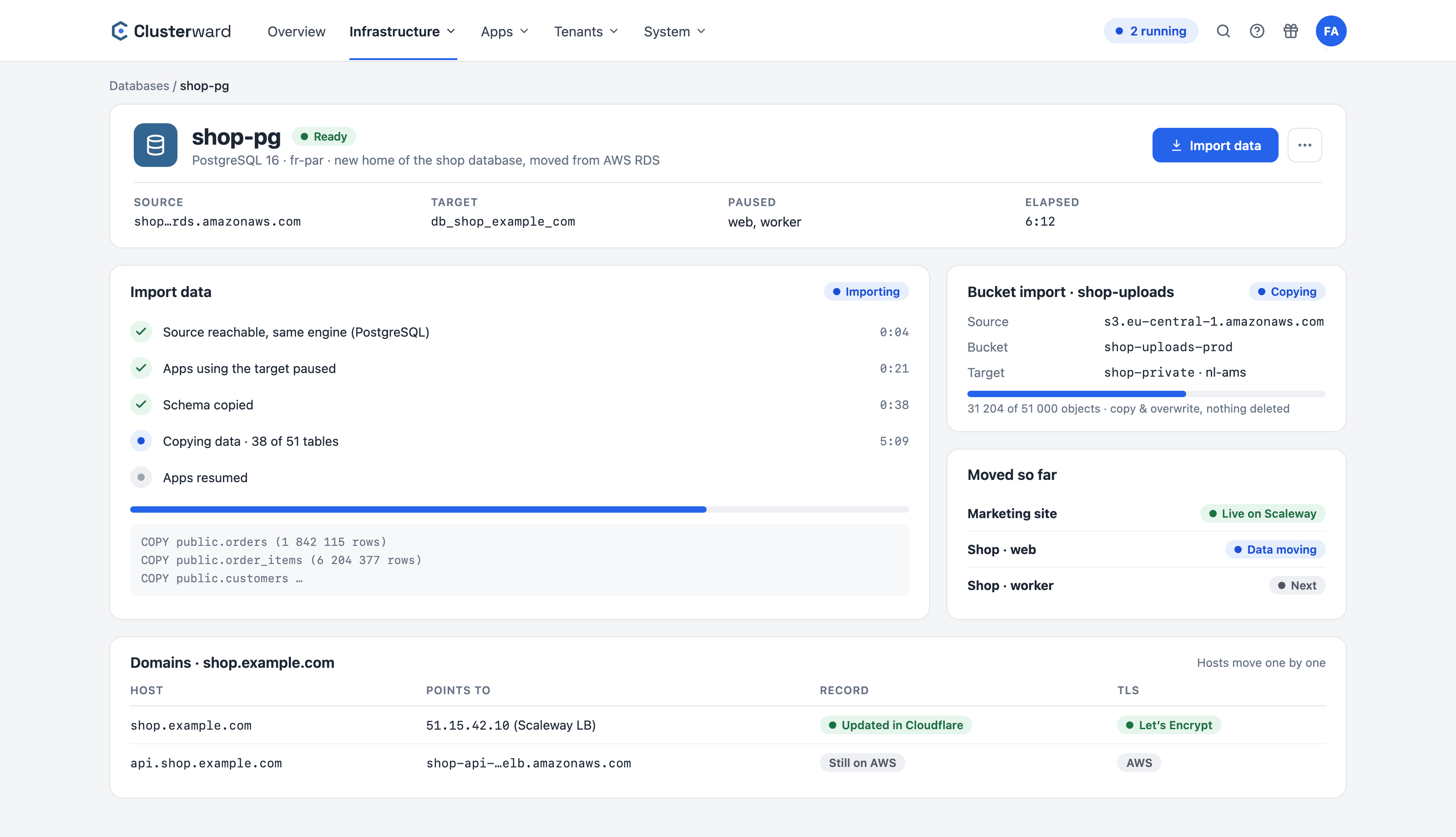 Import-Übersicht im Clusterward-Cockpit: Datenbank- und Bucket-Import von AWS, Hosts vor dem Umzug