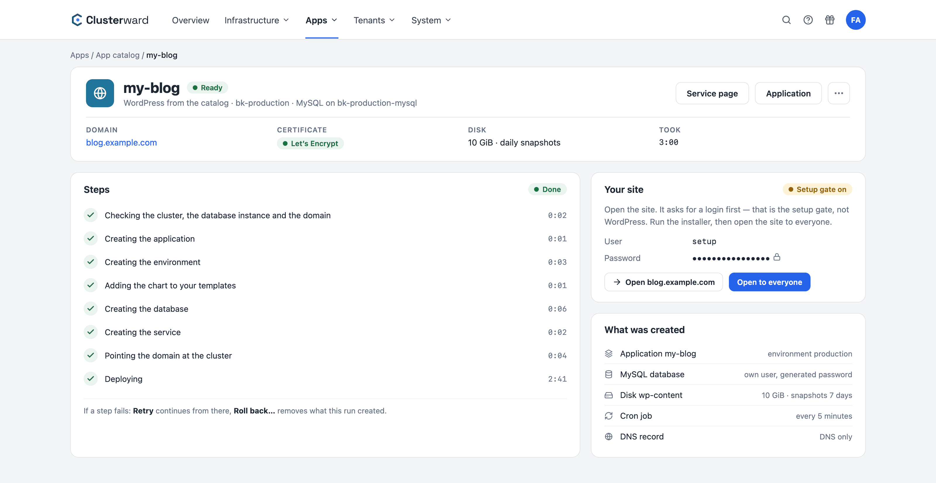 WordPress aus dem App-Katalog im Clusterward-Cockpit: Schritte, Einrichtungs-Passwort und angelegte Bausteine