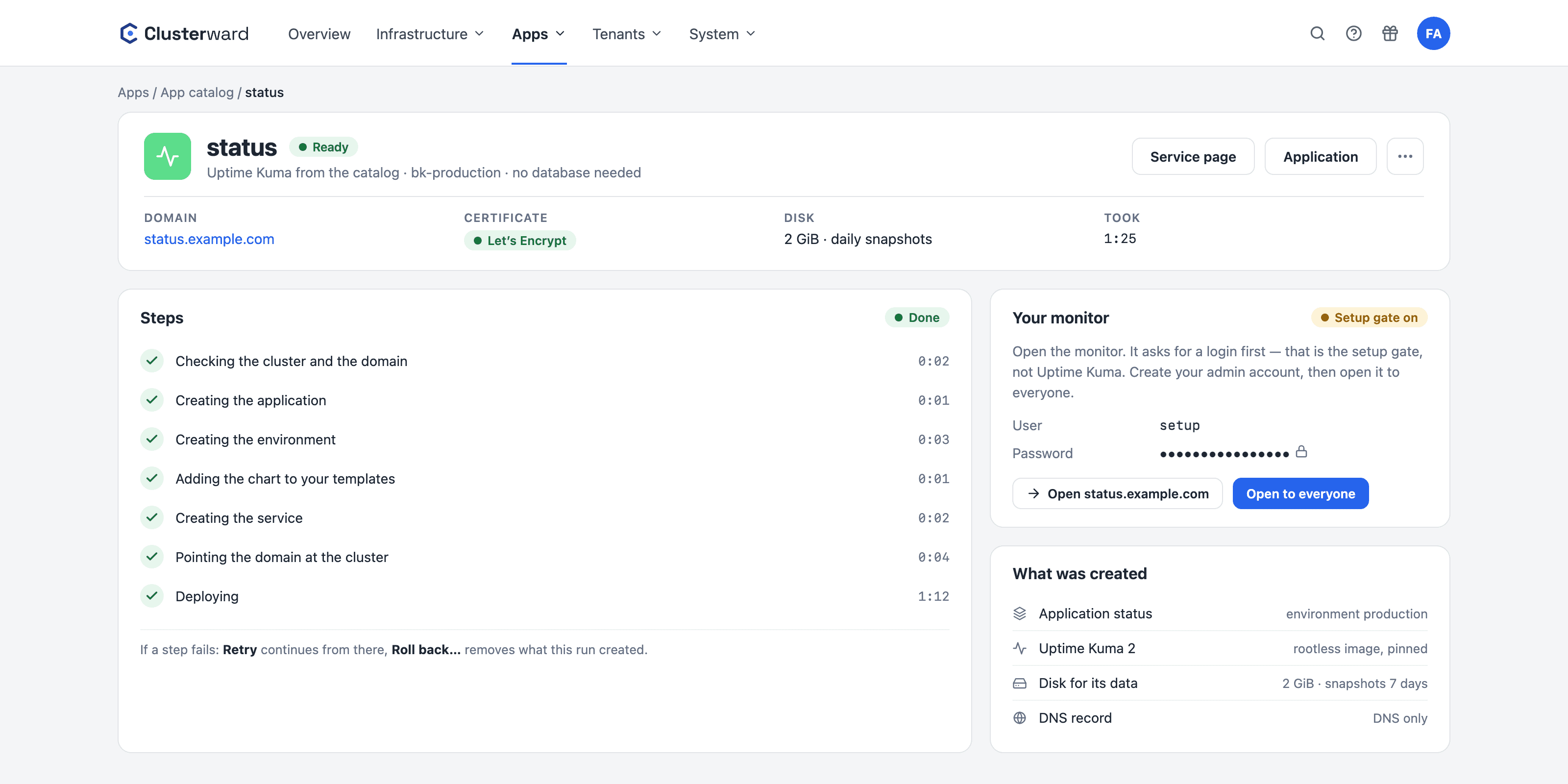 Uptime-Kuma-Lauf im App-Katalog des Clusterward-Cockpits: alle Schritte erledigt, Einrichtungs-Passwort aktiv (vereinfachte Darstellung)