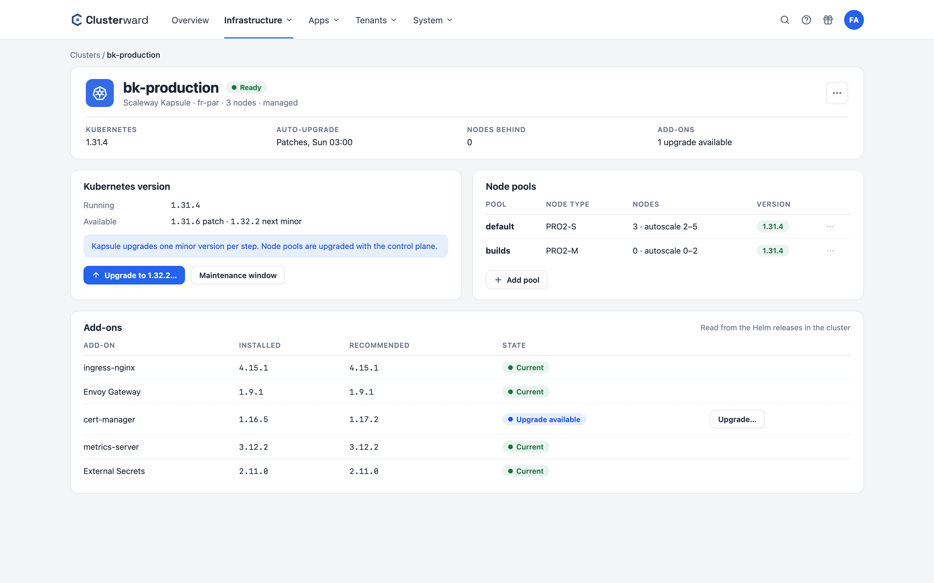 Vereinfachte Ansicht im Clusterward-Cockpit: Cluster-Updates